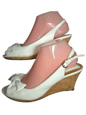 Women's Clarks Bendables White Leather Peep Toe Cork Wedge Sandals Shoes 8.5